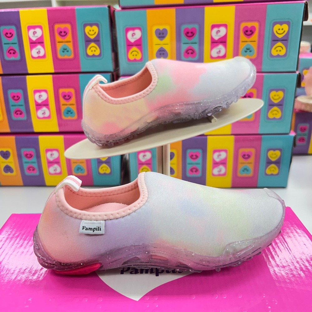 Pampili Kids Tie Dye Slip On Sneakers Pastel Pink Blue Yellow Glitter Sole